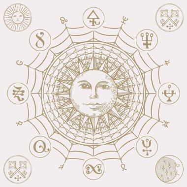 Eski kağıt arka planda geçmişe dönük sihirli sembollerle el çizimi Güneş. Daire şeklinde işaretli vektör pankartı