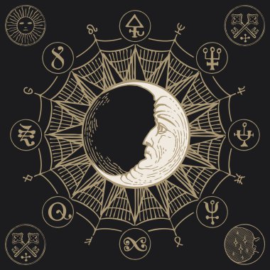 Hand-drawn Moon with magic symbols on the black background. Vector banner with esoteric signs written in a circle in retro style clipart