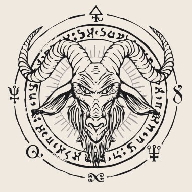 Okült ve büyücülük işaretlerinin arka planında el yapımı boynuzlu keçi kafası. Satanizmin sembolü Baphomet ve daire şeklinde yazılmış sihirli işaretler.