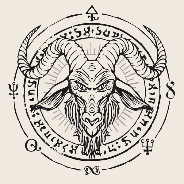 手绘角山羊头在神秘和巫术的背景下 撒旦的象征巴霍米特和魔法的符号写在一个圆圈里 — 图库矢量图片