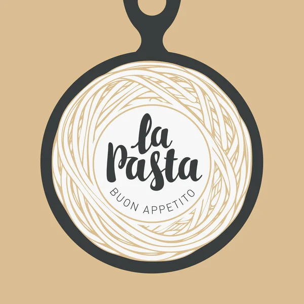 Pasta Cocida Una Sartén Negra Estilo Retro Comida Tradicional Italiana — Archivo Imágenes Vectoriales