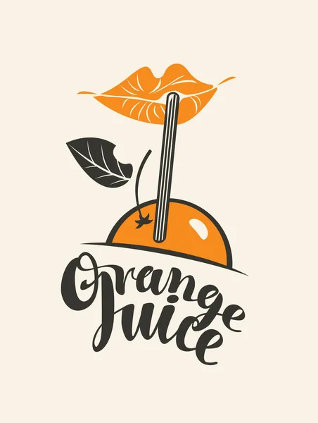 Orange Juice Banner Label Cartoon Girly Lips Orange Fruit Drinking — Stock Vector