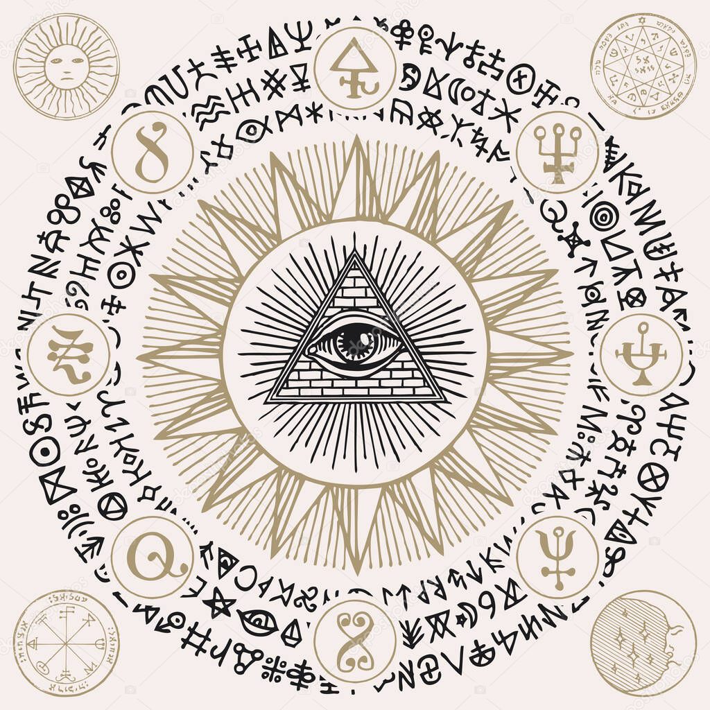 Illustration with an all-seeing eye, alchemical and Masonic symbols. Hand-drawn vector banner with a third eye, esoteric and magical signs written in a circle in retro style