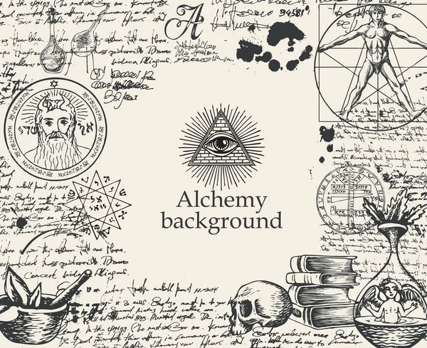Pochodzenie Alchemii Vintage Artystyczna Ilustracja Temat Alchemiczny Czarnymi Ręcznie Rysowane — Wektor stockowy