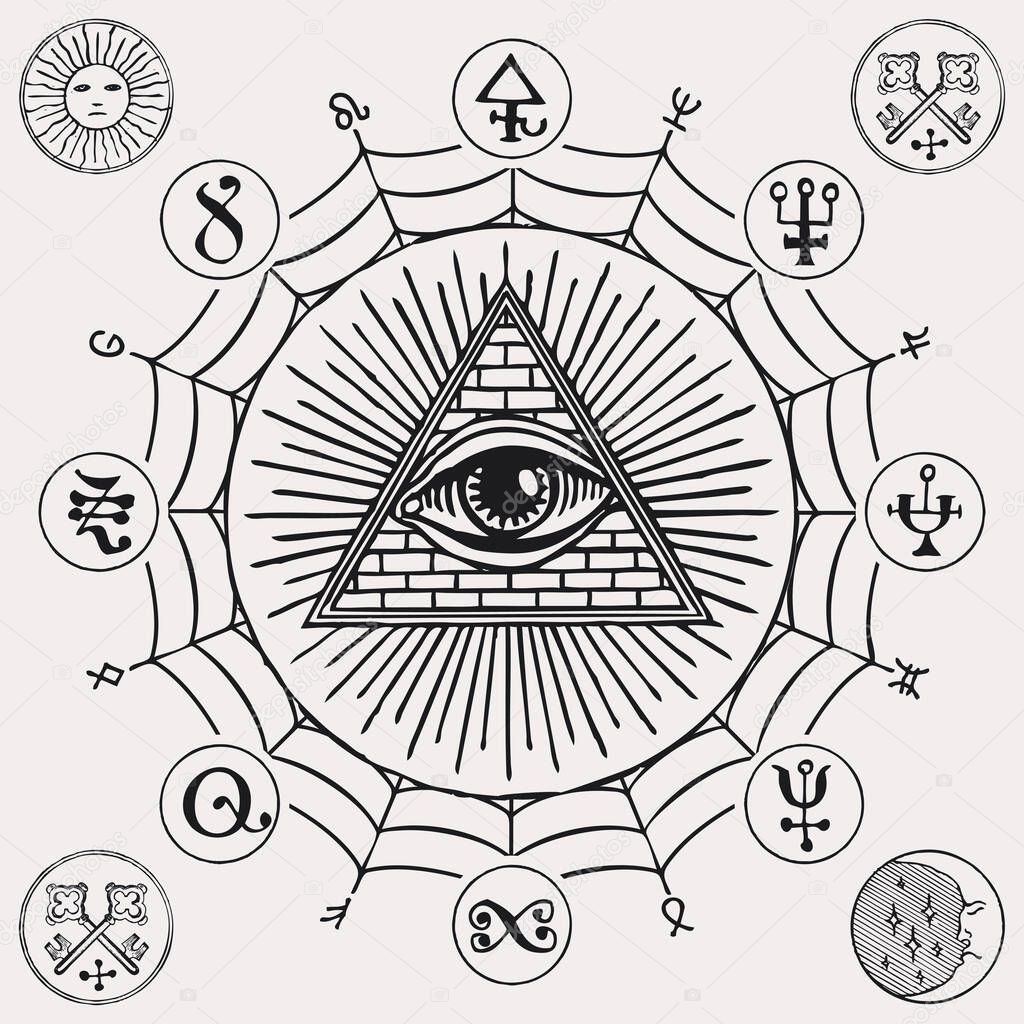 Illustration with an all-seeing eye, esoteric and magical signs. Hand-drawn vector banner in retro style with a third eye, alchemical and Masonic symbols