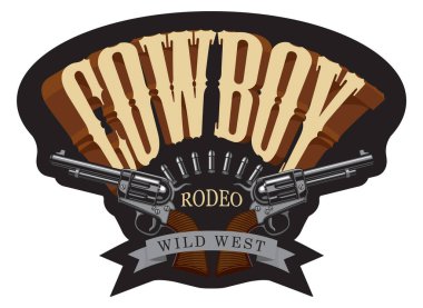 Eski moda kovboy rodeo gösterisi için amblem ya da afiş. İki eski çapraz tabanca, kurşun ve harf içeren vektör çizimi. Poster, etiket, logo, broşür, davetiye, tişört tasarımı için uygun