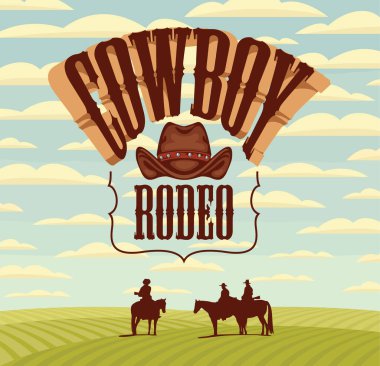 Kovboy Rodeo gösterisi için amblemli Vahşi Batı afişi ve eski tarz batı manzarası. Yeşil arazili dekoratif vektör manzarası, gökyüzünde bulutlar ve at sırtında binicilerin siluetleri.