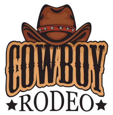 Eski moda kovboy rodeo gösterisi için amblem ya da afiş. Kovboy şapkası ve harfleriyle dekoratif vektör çizimi. Poster, etiket, rozet, simge, logo, broşür, davetiye, tişört tasarımı için uygun