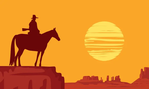 Paysage Occidental Avec Prairies Américaines Sauvages Silhouette Cow Boy Chevauchant — Image vectorielle