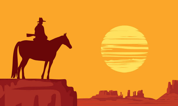Western landscape with wild American prairies and silhouette of a cowboy riding a horse on top of a cliff at the orange sunset. Decorative vector illustration, Wild West vintage background