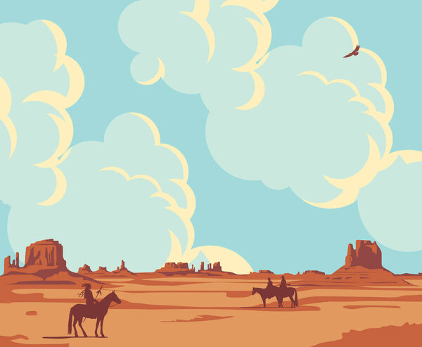 Western landscape with wild American prairies, cloudy sky and silhouettes of an Indian and cowboys on horseback. Decorative vector illustration, Wild West vintage background