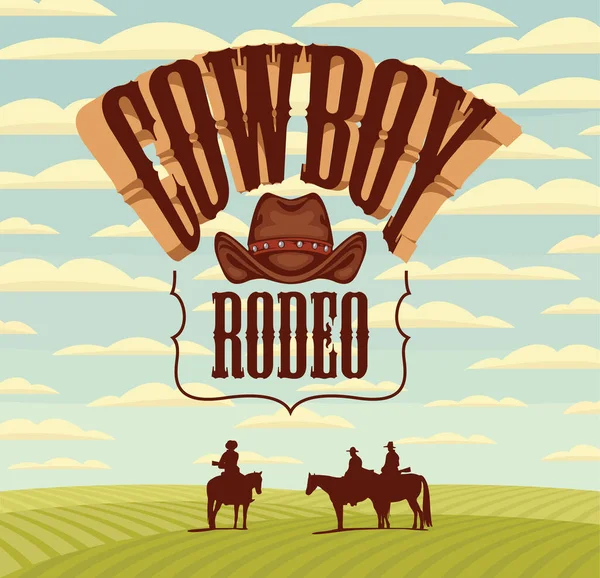 Kovboy Rodeo gösterisi için amblemli Vahşi Batı afişi ve eski tarz batı manzarası. Yeşil arazili dekoratif vektör manzarası, gökyüzünde bulutlar ve at sırtında binicilerin siluetleri.