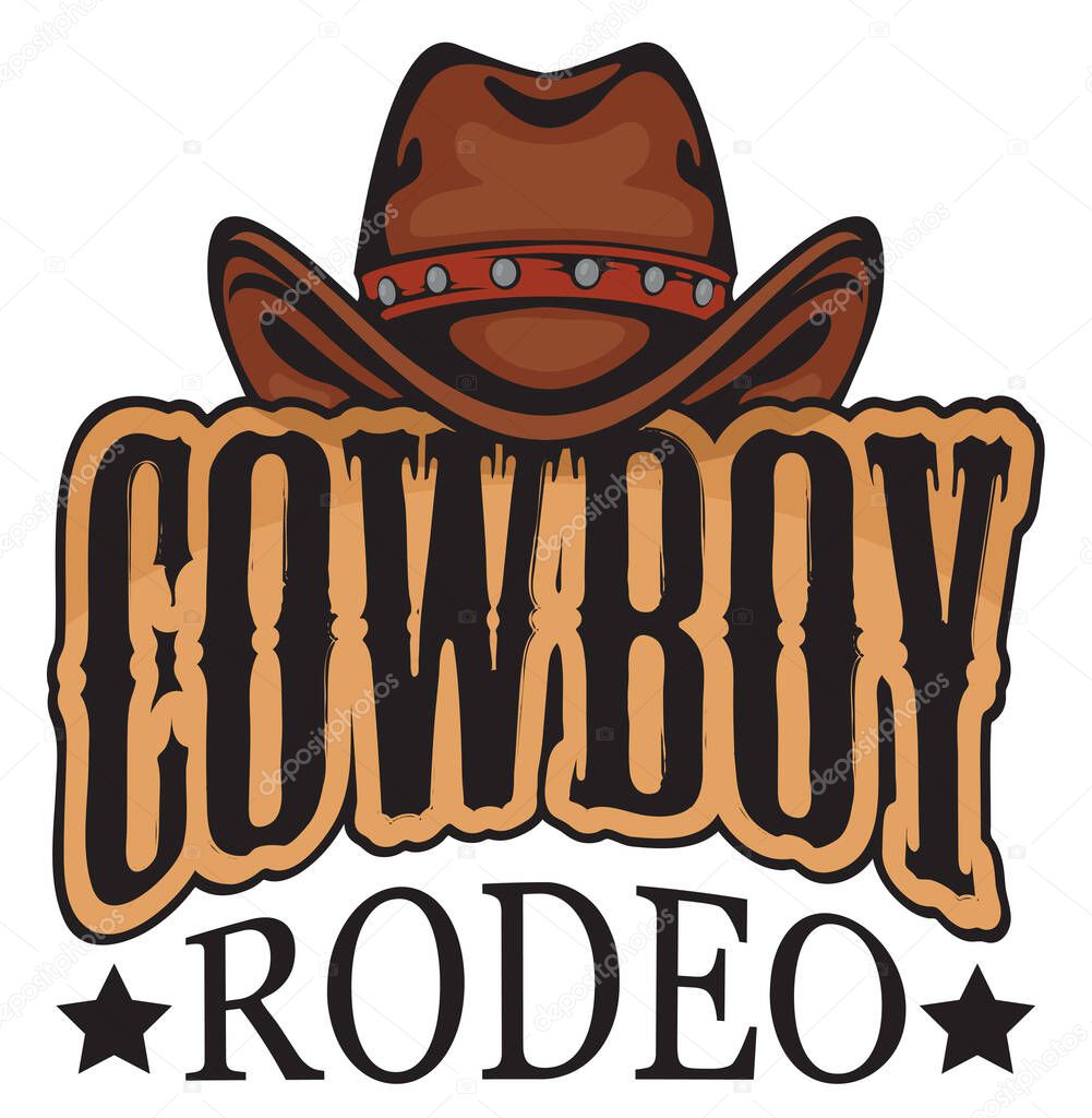 Emblem or banner for a Cowboy Rodeo show in retro style. Decorative vector illustration with cowboy hat and lettering. Suitable for poster, label, badge, icon, logo, flyer, invitation, t-shirt design
