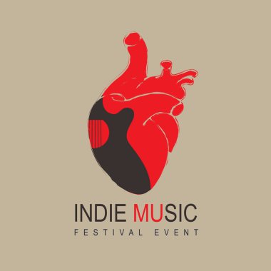 Kırmızı bir insan kalbinin içinde siyah bir gitarın bulunduğu bağımsız bir müzik festivalinin posteri. Yaratıcı vektör illüstrasyonu, afiş, kapak, broşür, davetiye, oyun tasarısı için uygun. Müzik koleksiyonu