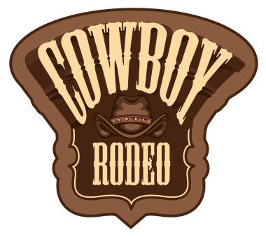 Cowboy Rodeo gösterisi için retro stili amblem. Kovboy şapkası ve harfleriyle dekoratif vektör çizimi. Pankart, etiket, rozet, simge, logo, broşür, davetiye, dövme, tişört tasarımı için uygun