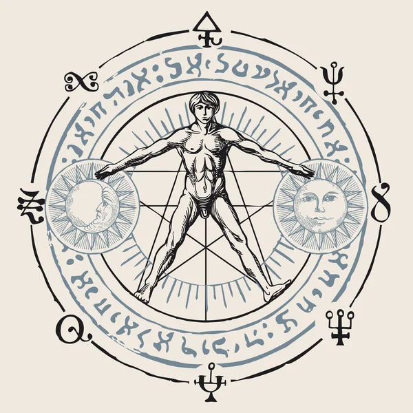 用李奥纳多 达芬奇的 维多利亚人 这样的人物形象来说明 月亮和炼金术符号 手绘横幅 带有深奥而神奇的符号 以复古风格在圆圈中书写 — 图库矢量图片