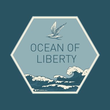 Dalgalar, gökyüzünde martılar ve özgürlük okyanusu yazılı bir altıgen şeklinde elle çizilmiş bir illüstrasyon. Deniz ya da okyanus fırtınası dalgalarıyla geçmişe dönük illüstrasyon