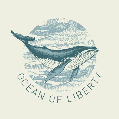 Büyük bir balinanın el çizimi ve üzerinde deniz dalgaları olan bir çember. Macera, seyahat ve özgürlük okyanusu kelimeleriyle keşif teması üzerine vektör bayrağı