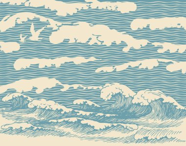 Decorative illustration of the sea or ocean, hand-drawn storm waves with breakers of sea foam. Vector banner or background in retro style with blue waves passing into the sky with clouds clipart