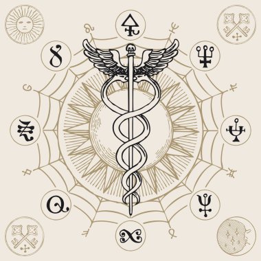 İki kanatlı ve iki yılanlı Caduceus. Hermes 'in el yazısıyla çizilmiş pankartı, güneş, ağ, ezoterik işaretler ve daire şeklinde yazılmış sihirli semboller. Antika tarzda tıbbi sembol