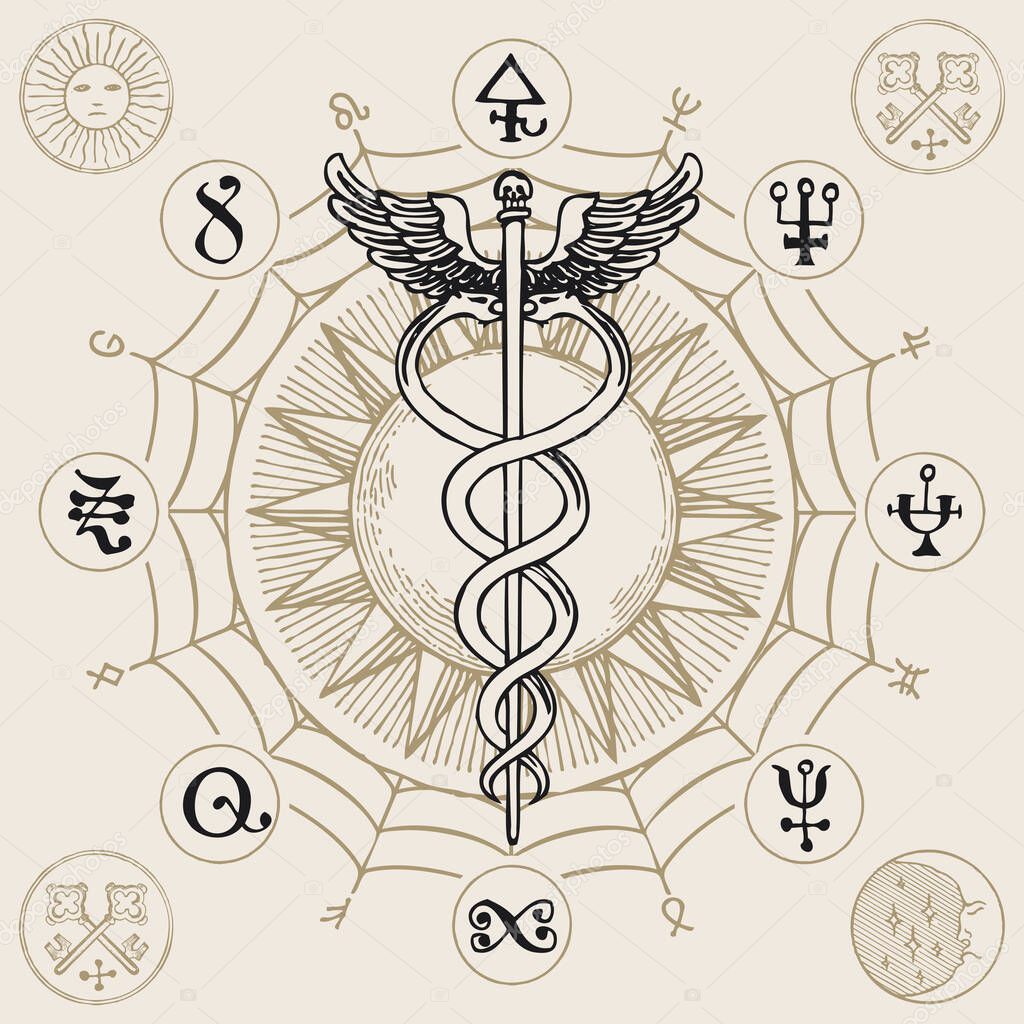 Caduceus with two snakes and wings. Vector banner with hand-drawn staff of Hermes, sun, web, esoteric signs and magic symbols written in a circle. Medical symbol in vintage style
