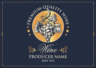 Şarap etiketi, el yapımı üzümler ve arka planda kaligrafik yazıyla birlikte. Kaliteli üzüm şarabı için retro biçimli vektör etiketi