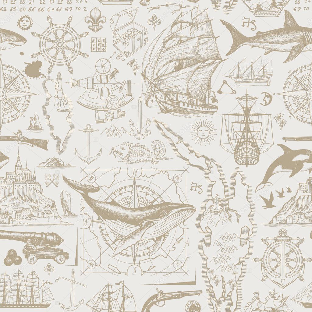 Vintage seamless pattern on the theme of travel, adventure and discovery. Vector background with hand-drawn sketches of sailboats, islands, old maps, wind rose, anchors, fishes, cannons in beige color