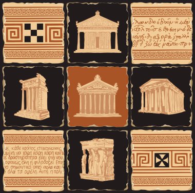 Taş, kil ya da seramik seramik seramik seramik şeklinde antik Yunan sancağı. Yunan süslemeleri, okunaksız Yunan yazıları ve antik Yunanistan 'ın ünlü mimari simgeleriyle vektör çizimleri