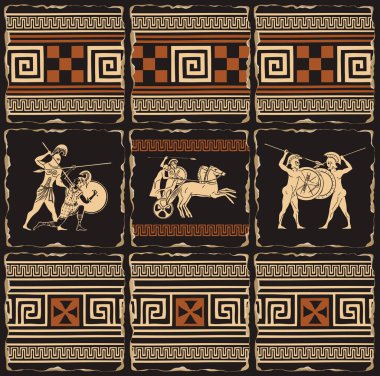 Decorative banner on a theme of Ancient Greece in form of a set of stone, clay or ceramic tiles. Vector illustrations with Greek ornaments and ancient Greek soldiers with shields, spears, in a chariot clipart
