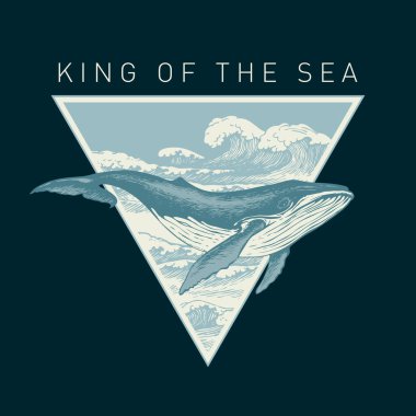 Büyük bir balinanın el çizimi ve siyah arka planda siyah deniz dalgaları olan bir üçgen. Macera, seyahat ve keşif temalı vektör bayrağı Denizin Kralı sözleriyle