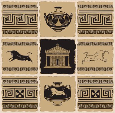 Taş, kil ya da seramik seramik seramik seramik şeklinde antik Yunan sancağı. Yunan süslemeleri, Girit boğaları, amforalar ve Parthenon cephesinin retro tarzında vektör çizimleri.
