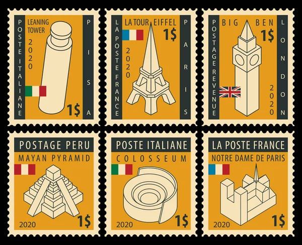 Serie Von Briefmarken Zum Thema Reisen Mit Architektonischen Sehenswürdigkeiten Aus — Stockvektor
