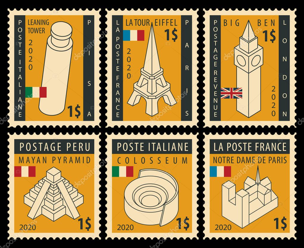 Set of postage stamps on the theme of travel with architectural attractions from various countries. Vector illustrations of famous places in the form of modern decorative stamps