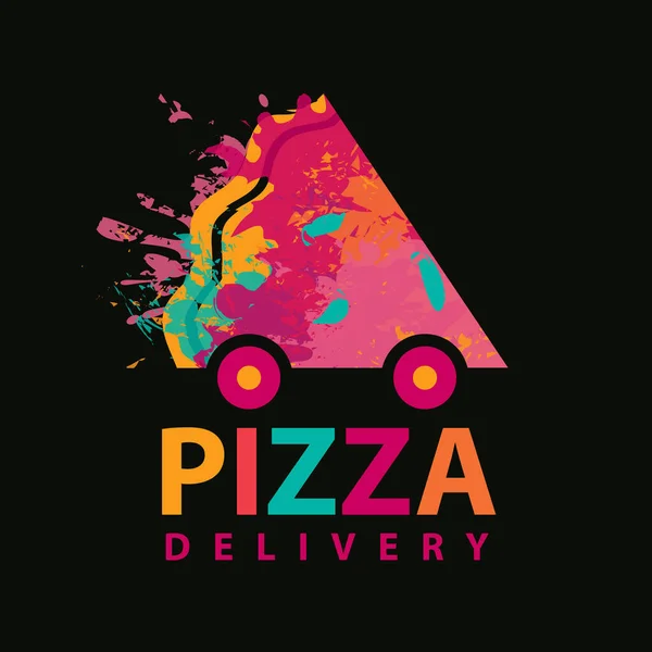 ピザの配達をテーマにしたピザ屋のための創造的なバナー 黒を基調とした車の形で車輪の上にピザスライスの碑文と抽象的なイメージのベクトルイラスト — ストックベクタ