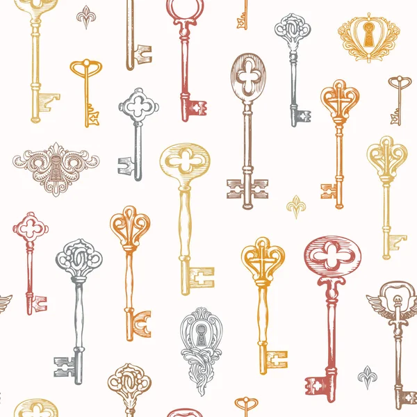 Decorative Seamless Pattern Colorful Vintage Keys Keyholes Retro Style Hand — Stock Vector