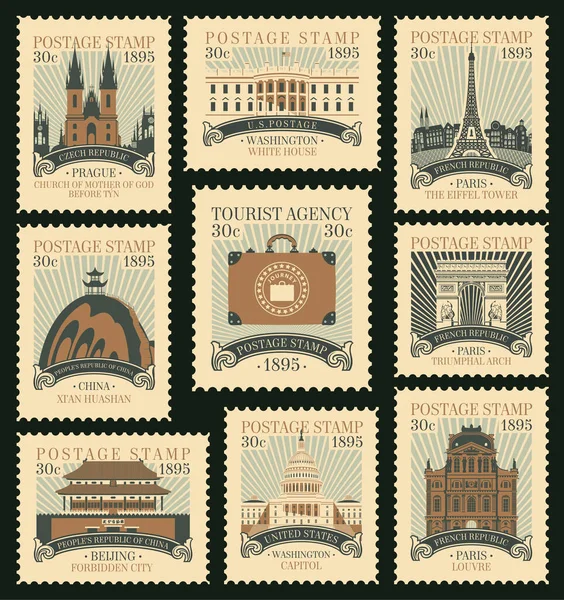 Serie Alter Briefmarken Zum Reisethema Mit Architektonischen Und Historischen Sehenswürdigkeiten — Stockvektor