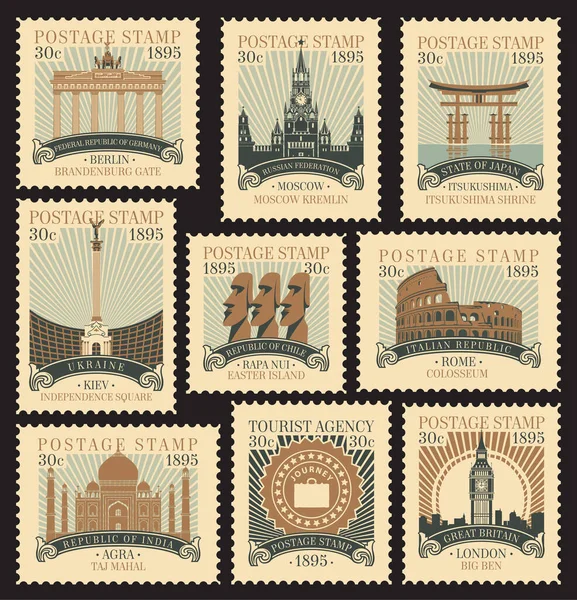 Set Postage Stamps Theme Travel Architectural Historical Attractions Various Countries — Stock Vector