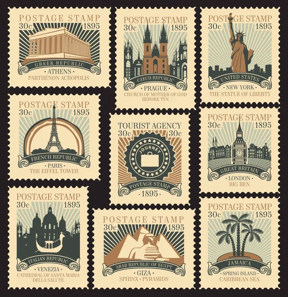 Serie Alter Briefmarken Zum Reisethema Mit Architektonischen Und Historischen Sehenswürdigkeiten — Stockvektor