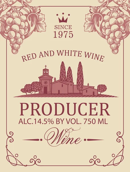Bir Avrupa Köyünün Kırsal Manzarasına Sahip Şarap Etiketi Yapımı Üzüm — Stok Vektör