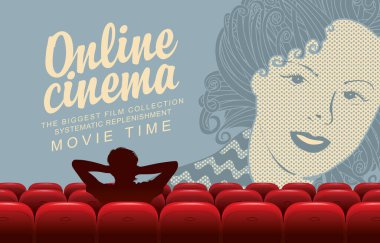 Çevrimiçi sinema posteri, en büyük film koleksiyonu. Evde sinema var. Rahat bir evde, sinemada poz veren bir adamın vektör çizimi ve büyük ekranda bir kızın yüzü.