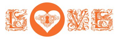 Aşk yazıtları beyaz arkaplanda süslü büyük harflerle yazılmıştır. Tişört tasarımı, kart, sevgililer günü, düğün ve tasarım için uygun. Vektör harfleri, turuncu biçimlendirilmiş metin