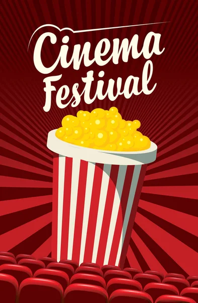 Cinema Festival Poster Popcorn Bucket Red Background Rays Vector Illustration — Stock Vector