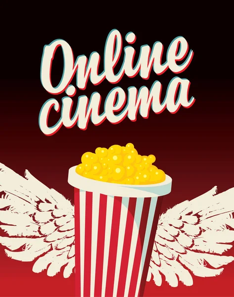 Online Kinoplakat Vektorillustration Mit Großem Popcorn Eimer Dekorativen Flügeln Und — Stockvektor