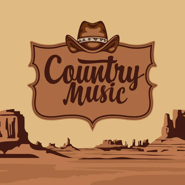 Cartel Música Country Con Una Inscripción Sombrero Vaquero Fondo Paisaje — Vector de stock