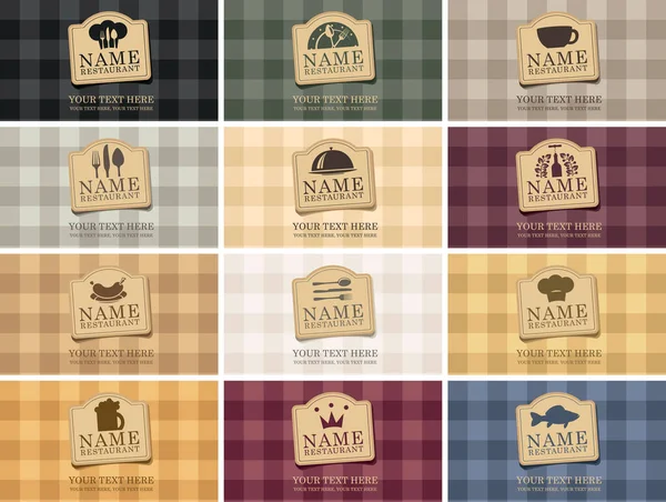 Restoran, kafe, kafe, bar temalı kartvizitler. İşaretli bir arkaplanda metin için simge ve yer içeren vektör ziyaret kartı şablonları