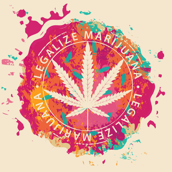 Banner for legalize marijuana. Vector illustration with hemp leaf on abstract background in form of bright spots and splashes. Natural product made from organic hemp. Smoking weed. Medical cannabis