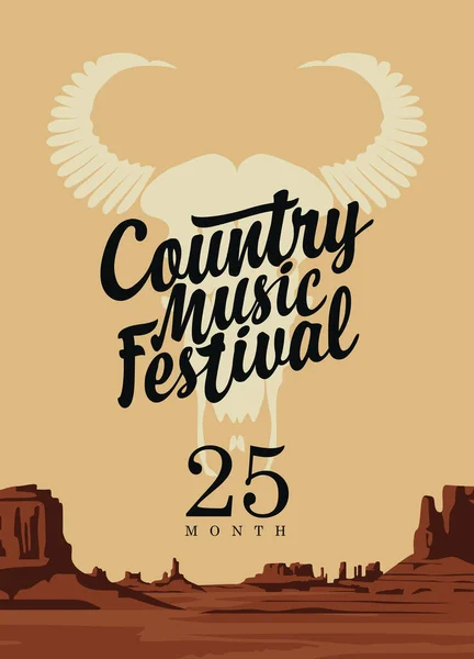 Manifesto Festival Musica Country Con Teschio Toro Iscrizione Sullo Sfondo — Vettoriale Stock