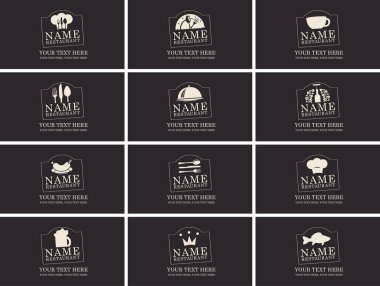 Restoran, kafe, kafe, bar temalı kartvizitler. Simgeli ve metin için yeri olan siyah vektör ziyaret kartı şablonları