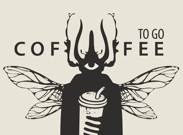 커피라는 글귀가 커피의 주제에 창의적 현수막입니다 딱정벌레 머리를 지푸라기가 커피를 — 스톡 벡터