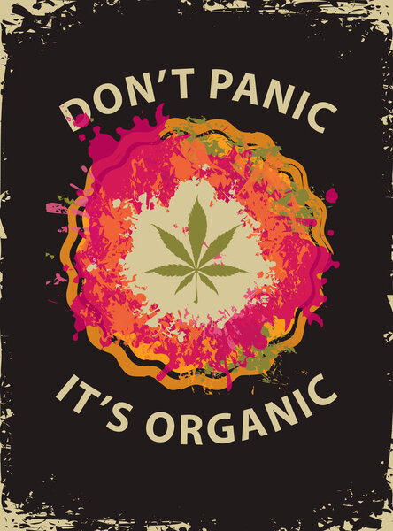Banner with cannabis leaf in a bright abstract pizza. Vector illustration on the topic of legal or illegal marijuana. Hallucinogenic pizza with marijuana. Smoking weed. Hemp drug consumption